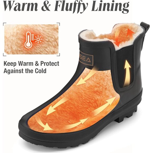 ⚡Women's Black Pull On Plush Rain Ankle Snow Boots Waterproof Chelsea Rubber - Picture 5 of 7